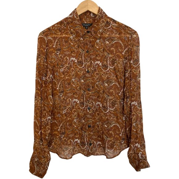 RAG & BONE Antonia Paisley Button Up Long Sleeve Blouse Shirt Brown - Picture 5 of 10